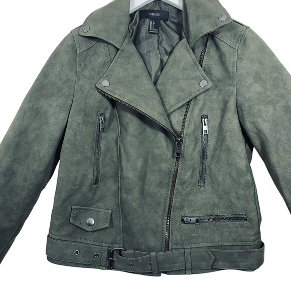 Forever 21 Distressed Faux Leather Olive Moto Jacket With Belt size small - Picture 2 of 16